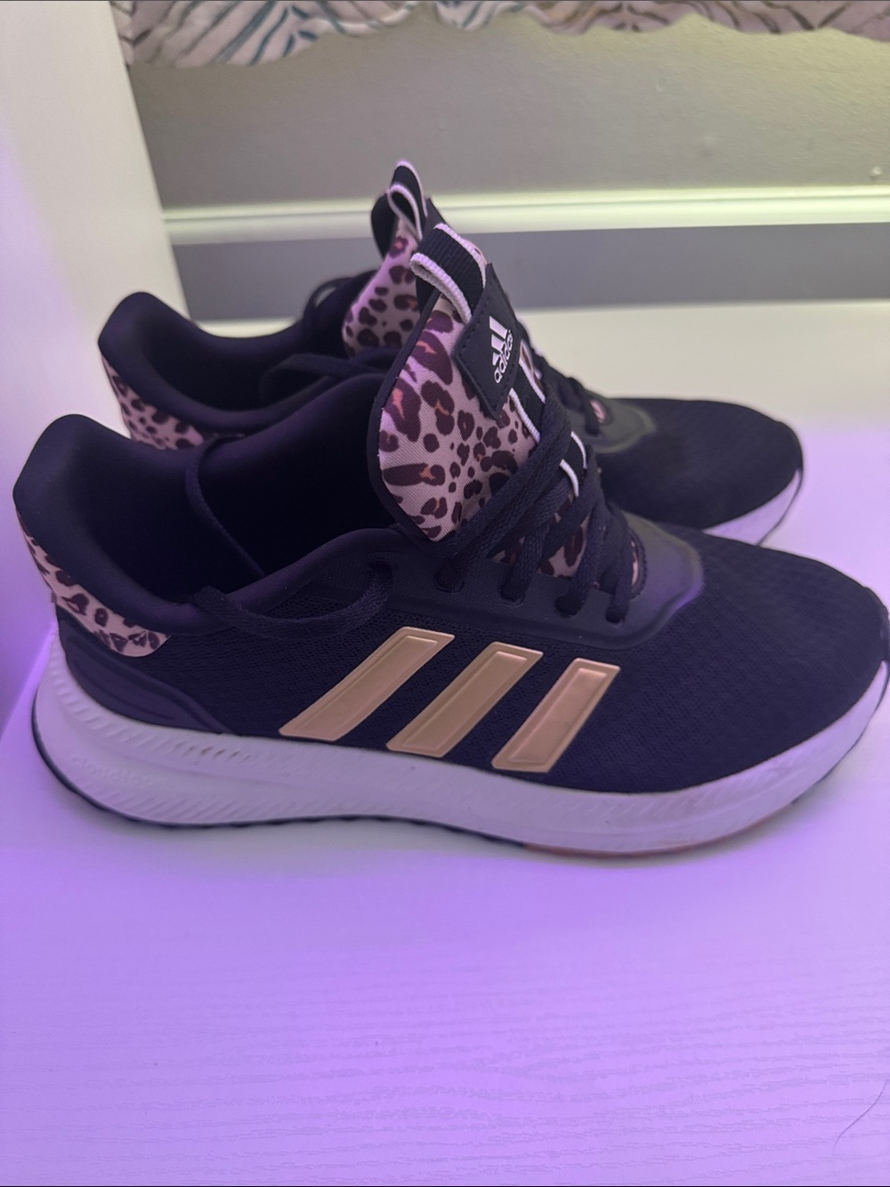 adidas Black Athletic Sneakers with Rose Gold Stripes and Leopard Accents